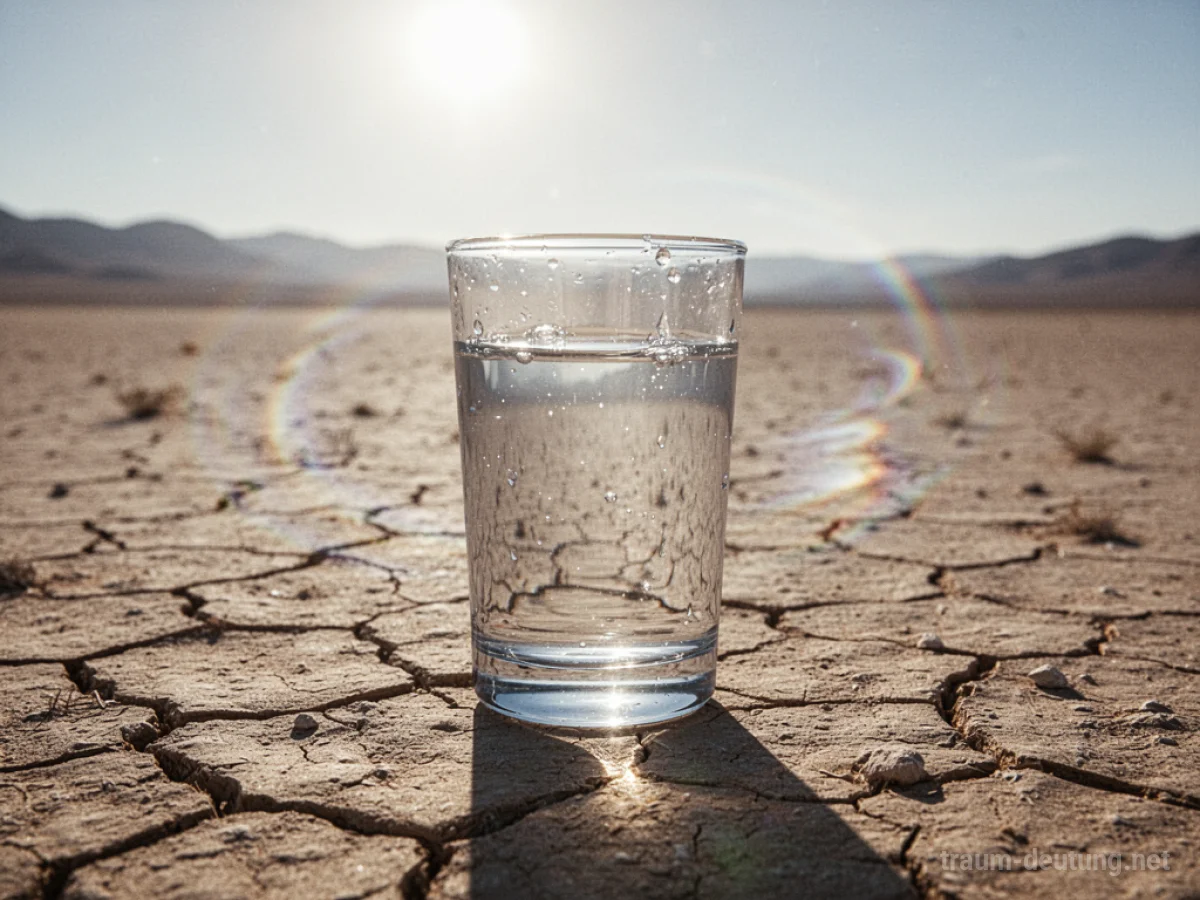 Ein Glas Wasser steht auf trockener, rissiger Wüstenlandschaft.