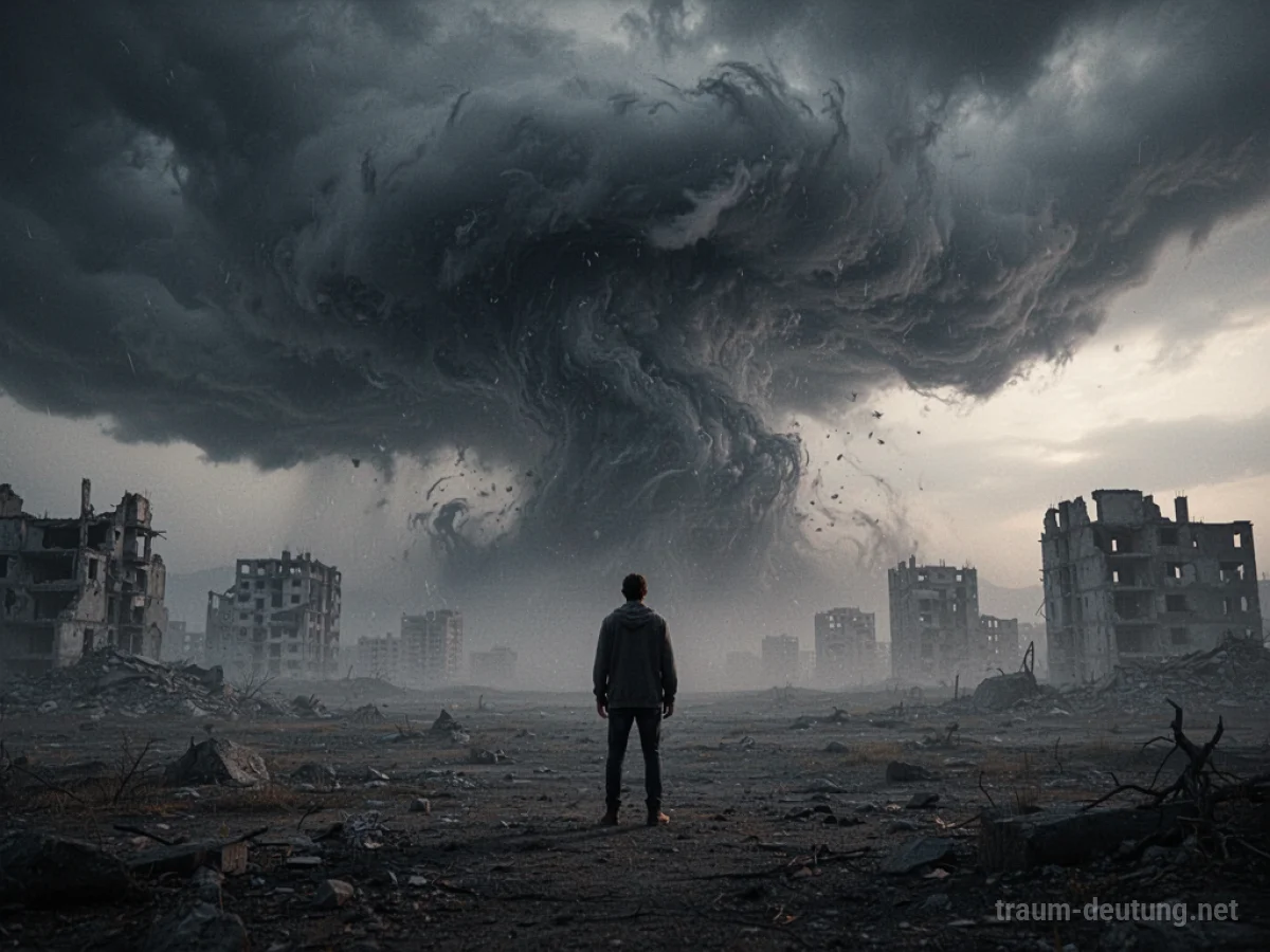 Figur steht vor einer herannahenden Sturmwolke über einer zerstörten Landschaft.