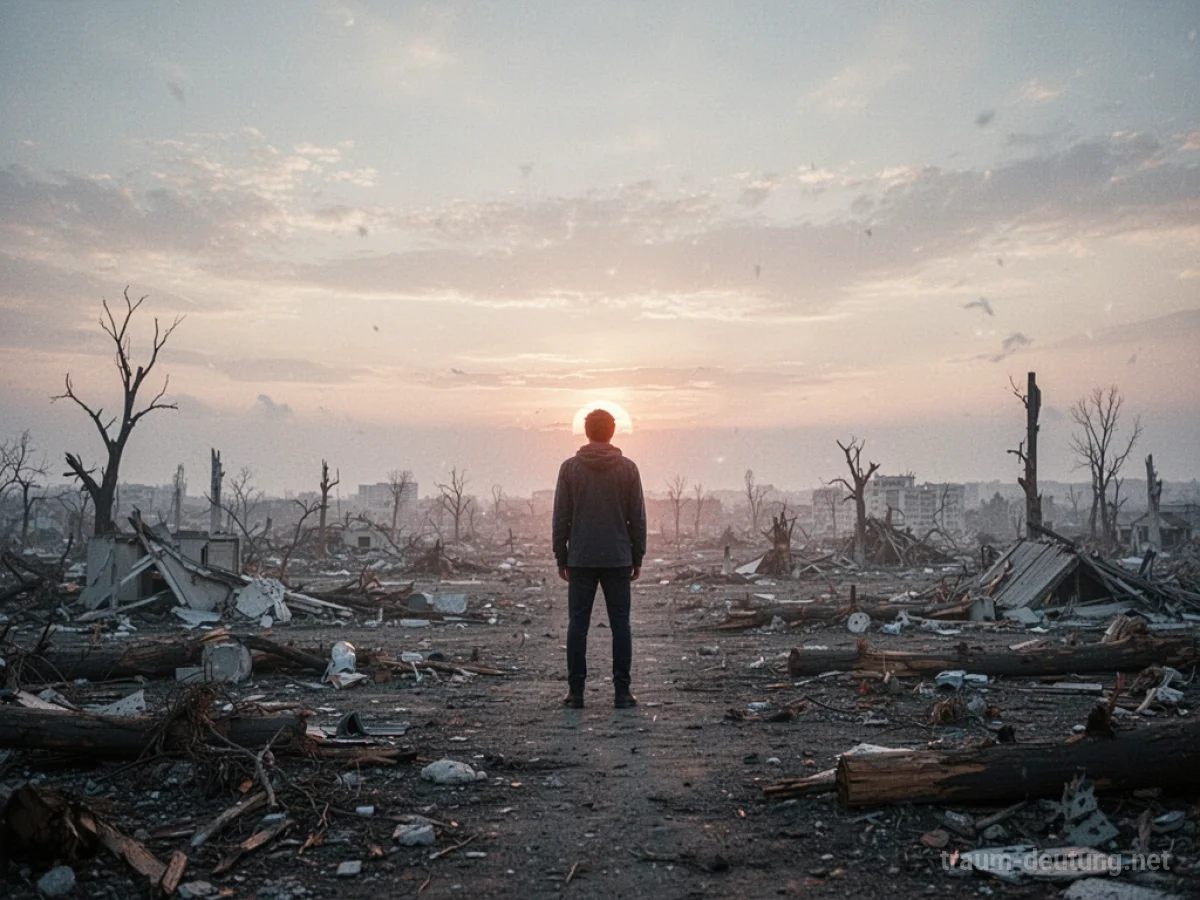 Eine Person steht allein in einer zerstörten Landschaft bei Sonnenaufgang.