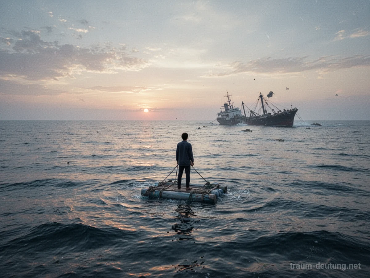 Person auf einem Floß nach Schiffbruch im Meer bei Sonnenaufgang