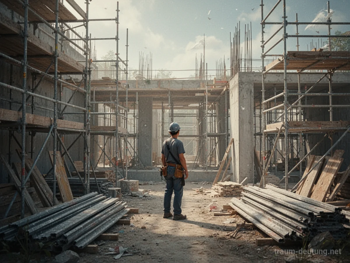 Baustelle mit Gerüsten und Baumaterialien, eine Person blickt vorsichtig auf eine im Bau befindliche Struktur.