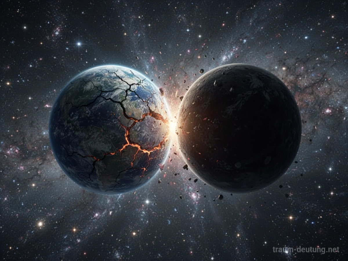 Zwei Planeten nähern sich einer Kollision im Weltall, ein Planet zeigt Risse.
