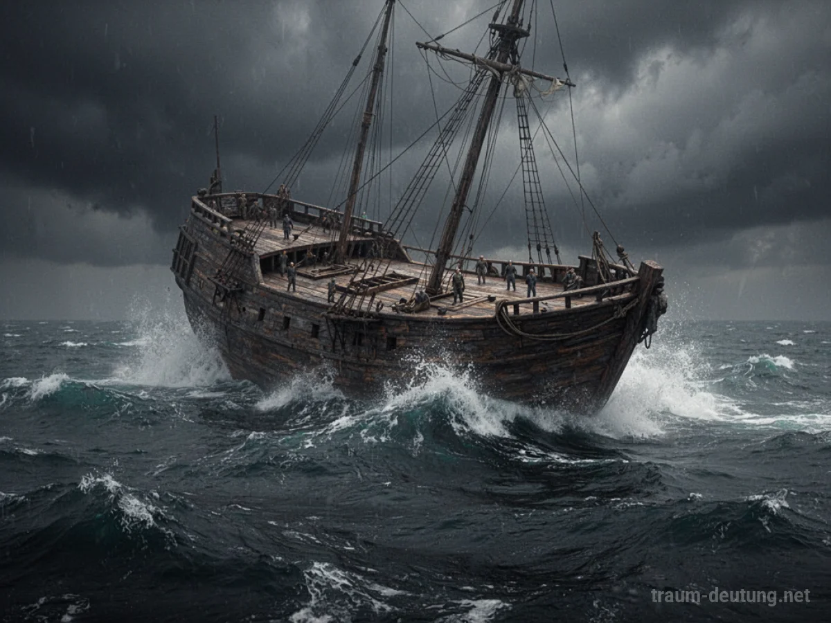 Ein großes, altes Schiff sinkt in stürmischer See.
