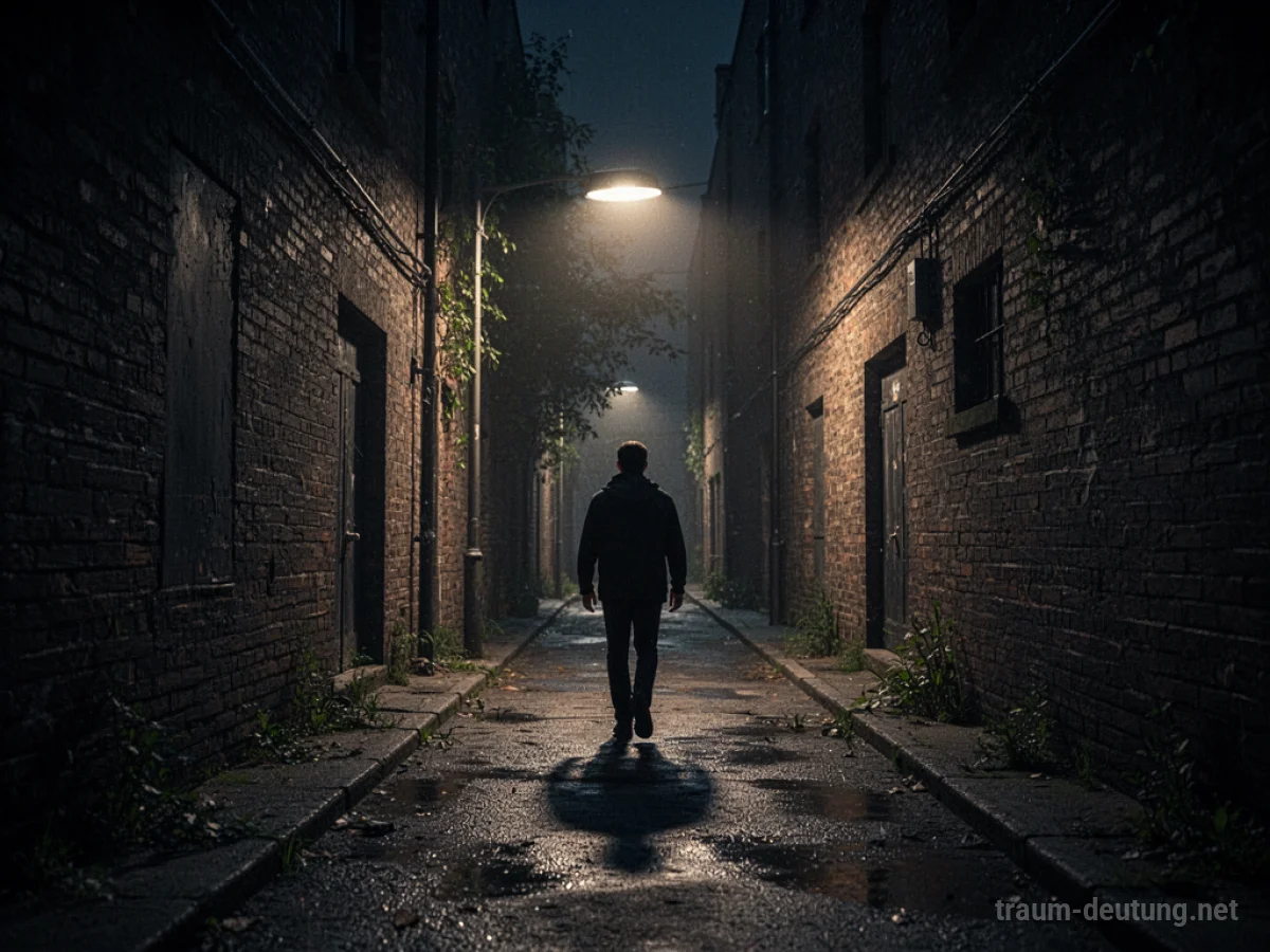 Dunkle Gasse nachts mit einer einsamen Person im Licht einer Laterne.