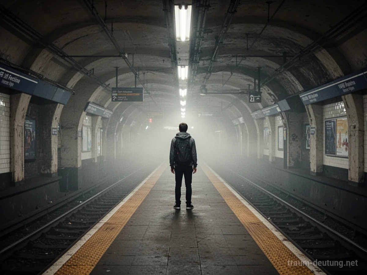Eine einsame Person auf einem fremden U-Bahnsteig im Nebel.