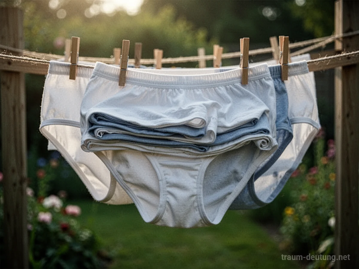 Unterwäsche hängt auf einer Wäscheleine im Freien.