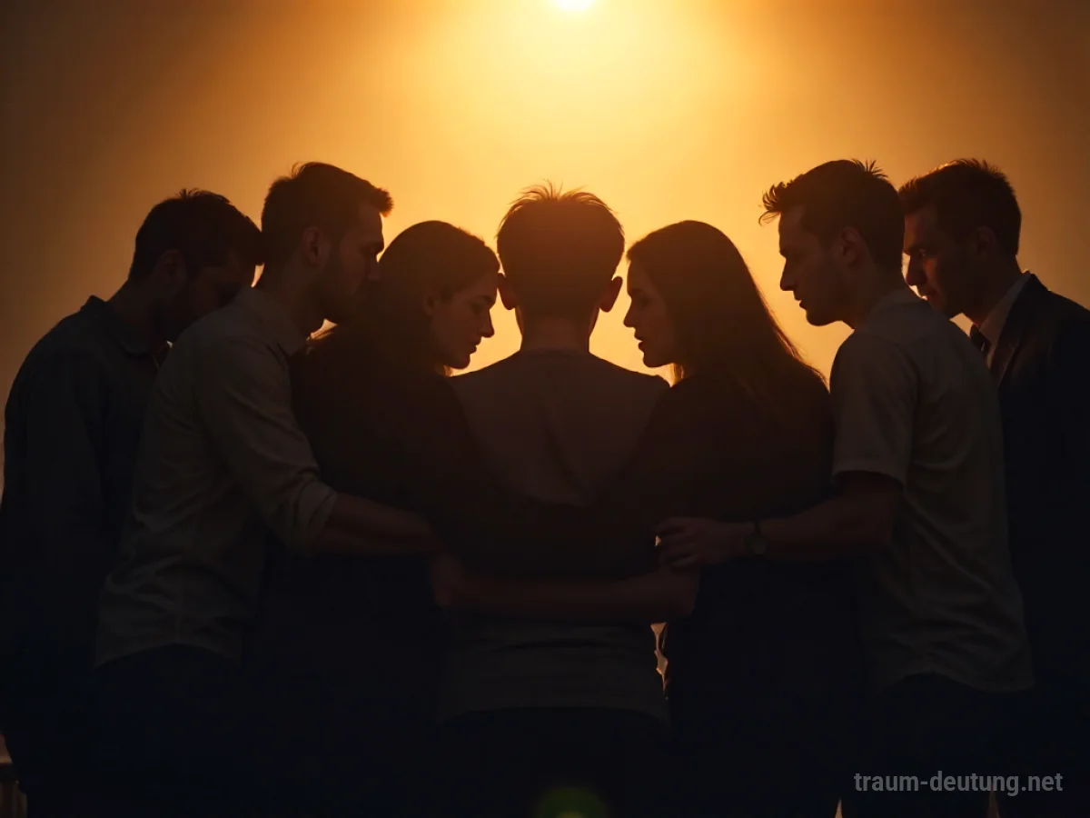 Silhouetten von vielen Menschen, die eine einzelne Figur umarmen.