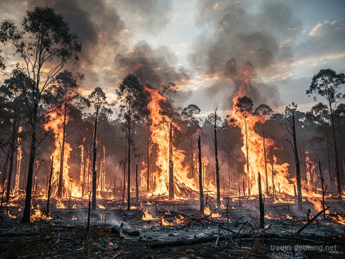 Ein dichter Wald steht in Flammen und Rauch steigt in einen dramatischen Himmel auf.
