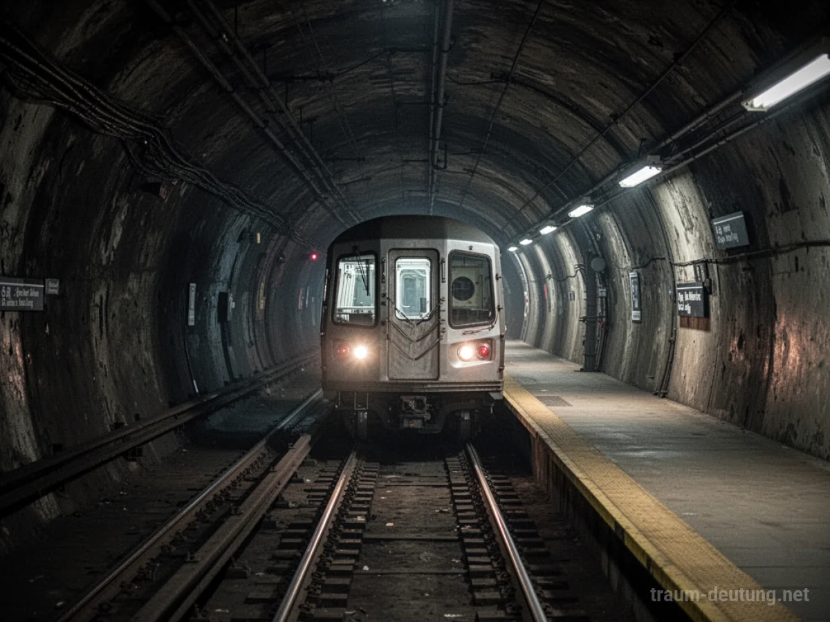 U-Bahn steht am Ende der Gleise in einem dunklen Tunnel