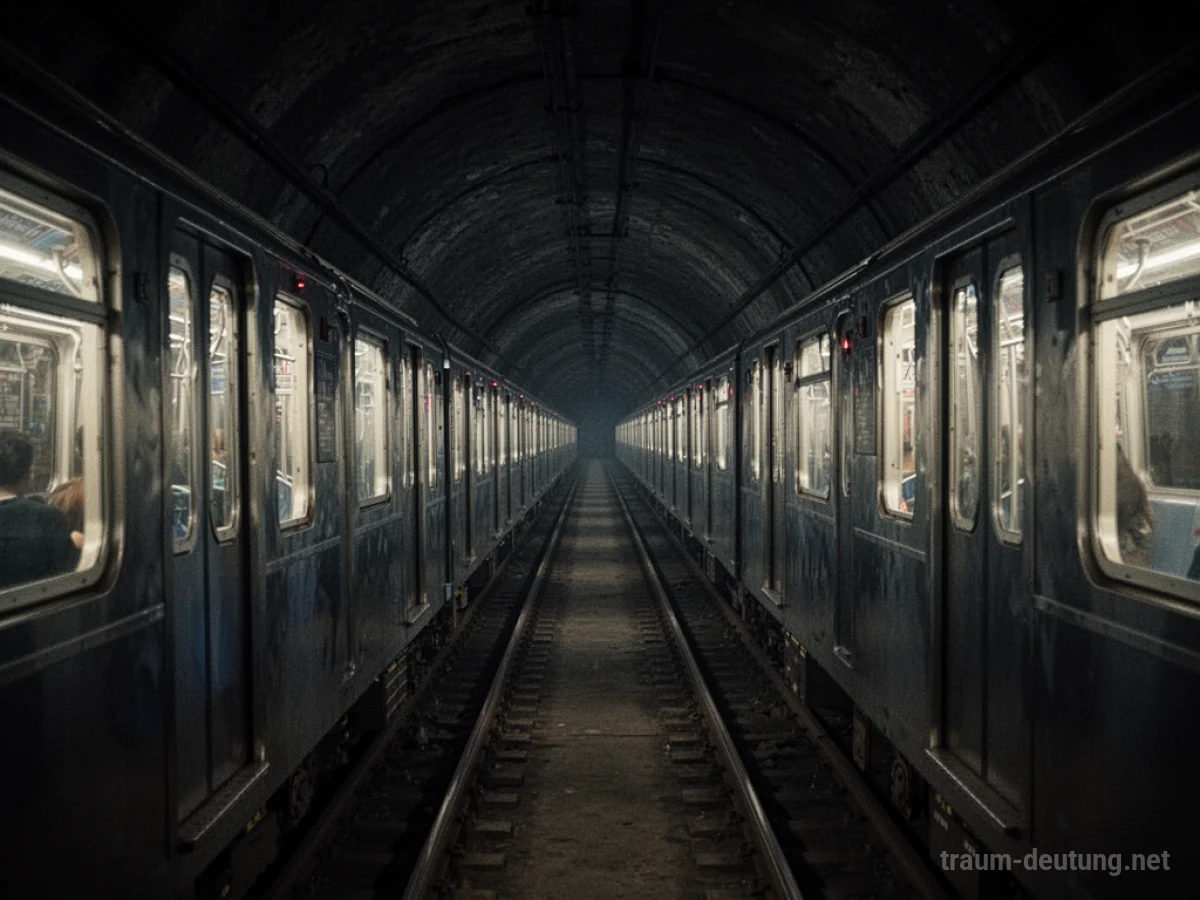U-Bahn fährt auf einer endlosen Schiene durch einen dunklen Tunnel