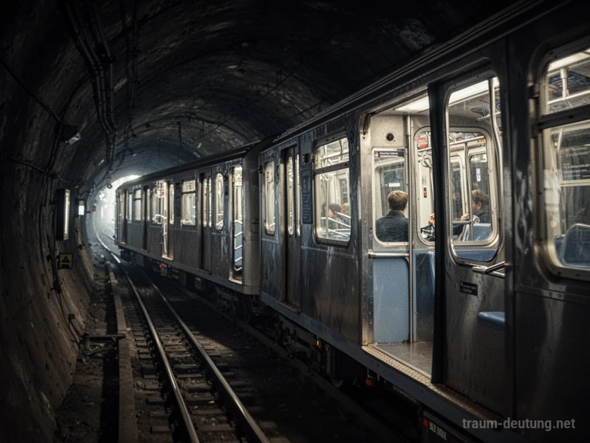 Leerer U-Bahn-Waggon fährt durch dunklen Tunnel ohne Fahrer