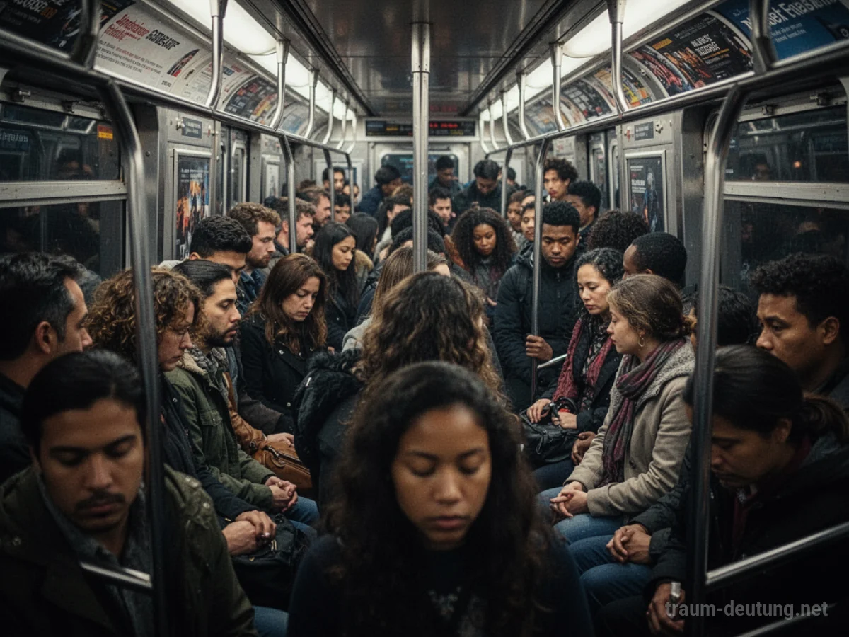 Eine überfüllte U-Bahn mit vielen Menschen, die dicht beieinander stehen.