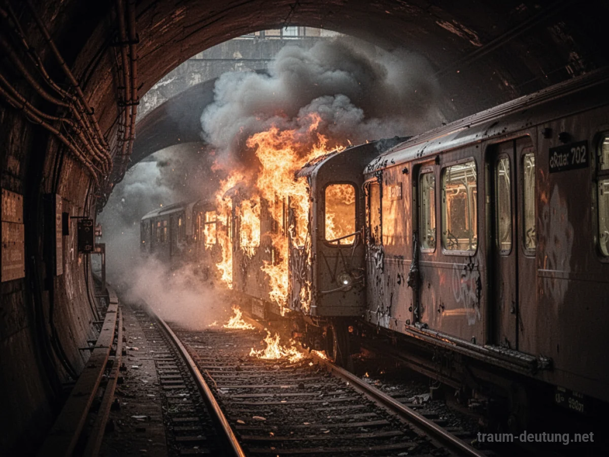 Brennende U-Bahn im dunklen Tunnel