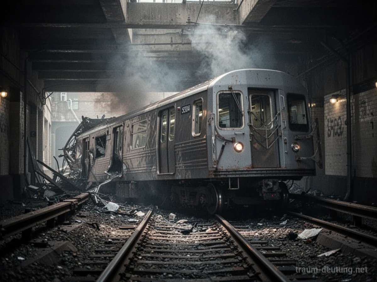Eine entgleiste U-Bahn auf den Gleisen, die gefährlich zur Seite geneigt ist.