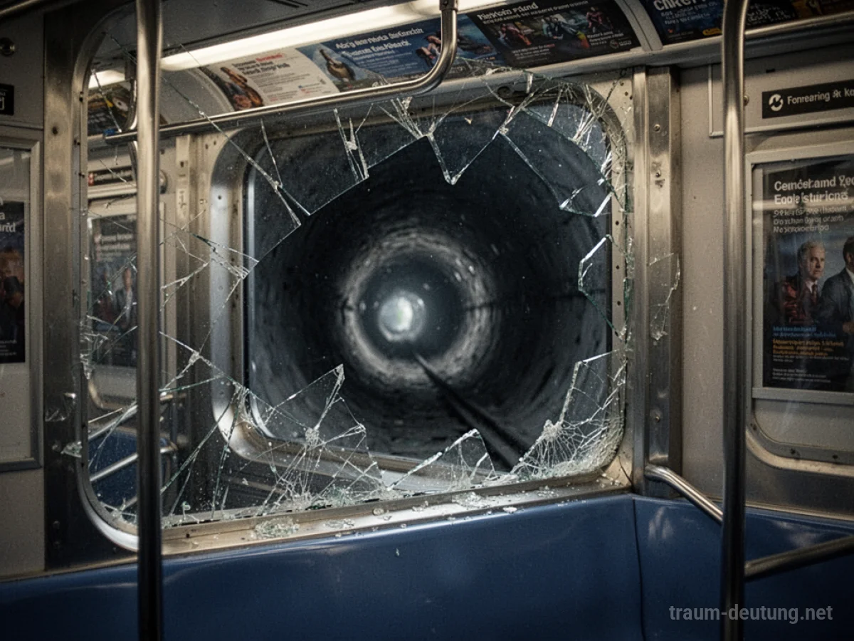 Zerbrochene Fenster in einer U-Bahn, Tunnel von außen sichtbar