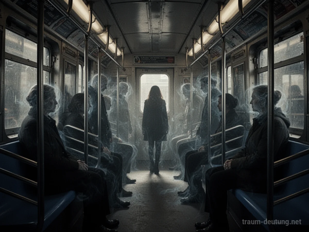 Geisterhafte Figuren in einer dunklen U-Bahn, die durch den Gang ziehen.