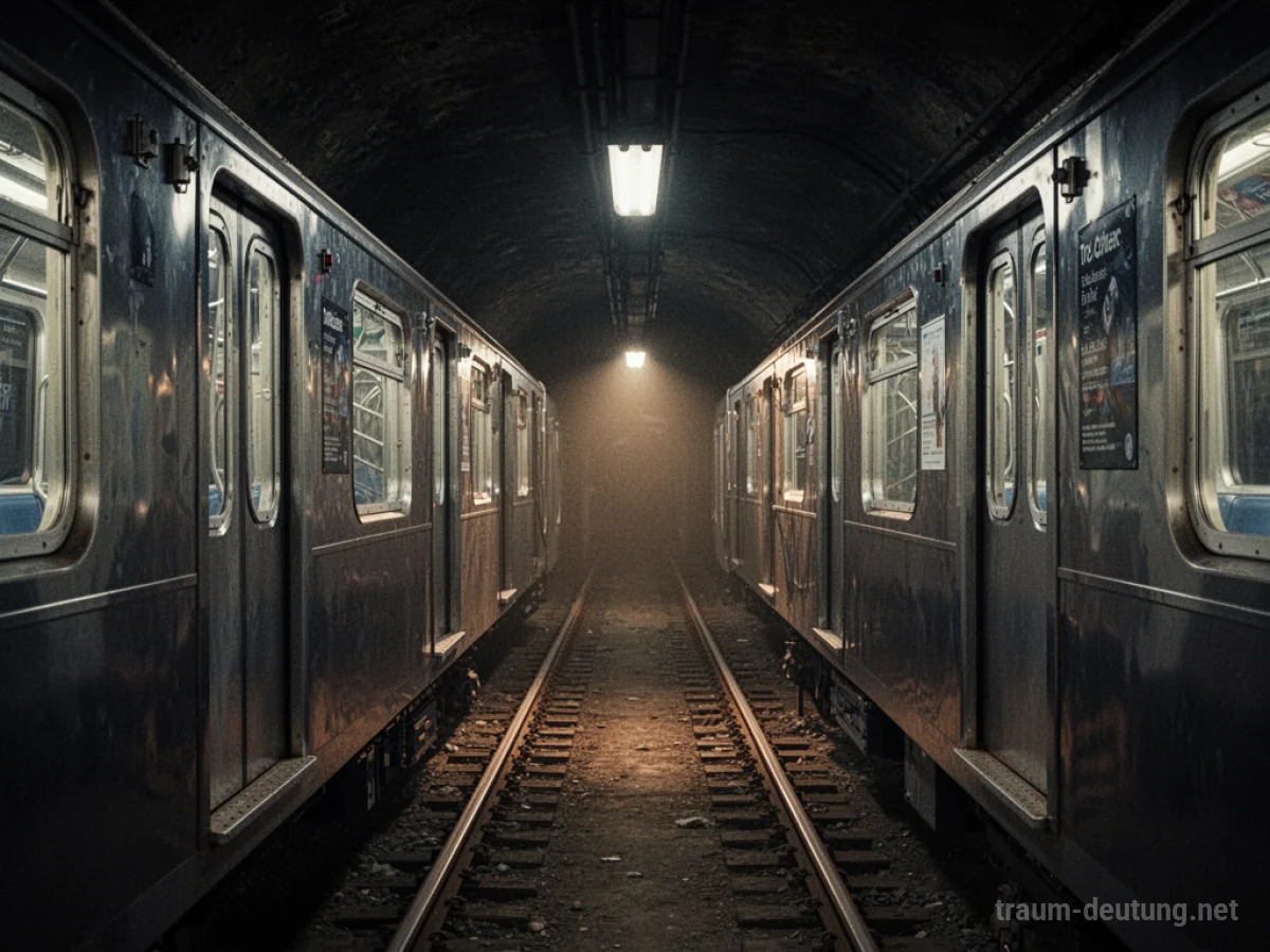 Stillstehender Zug in einem dunklen U-Bahn-Tunnel