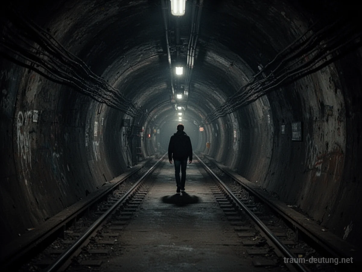 Dunkler U-Bahn-Tunnel mit einem einzelnen Menschen, der in die Ferne geht.