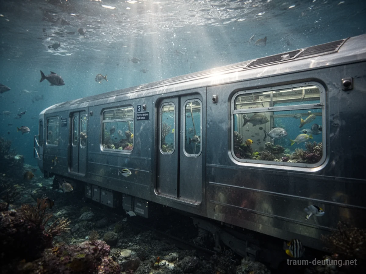 U-Bahn fährt unter Wasser, mit Fischen, die an den Fenstern vorbeischwimmen.
