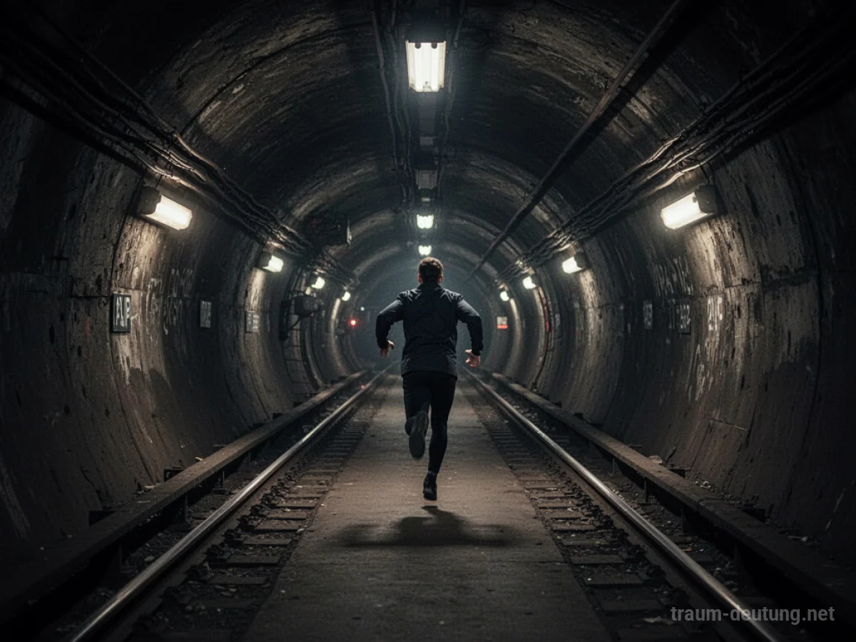 Eine Person rennt durch einen dunklen U-Bahn-Tunnel, verfolgt von etwas Unsichtbarem.