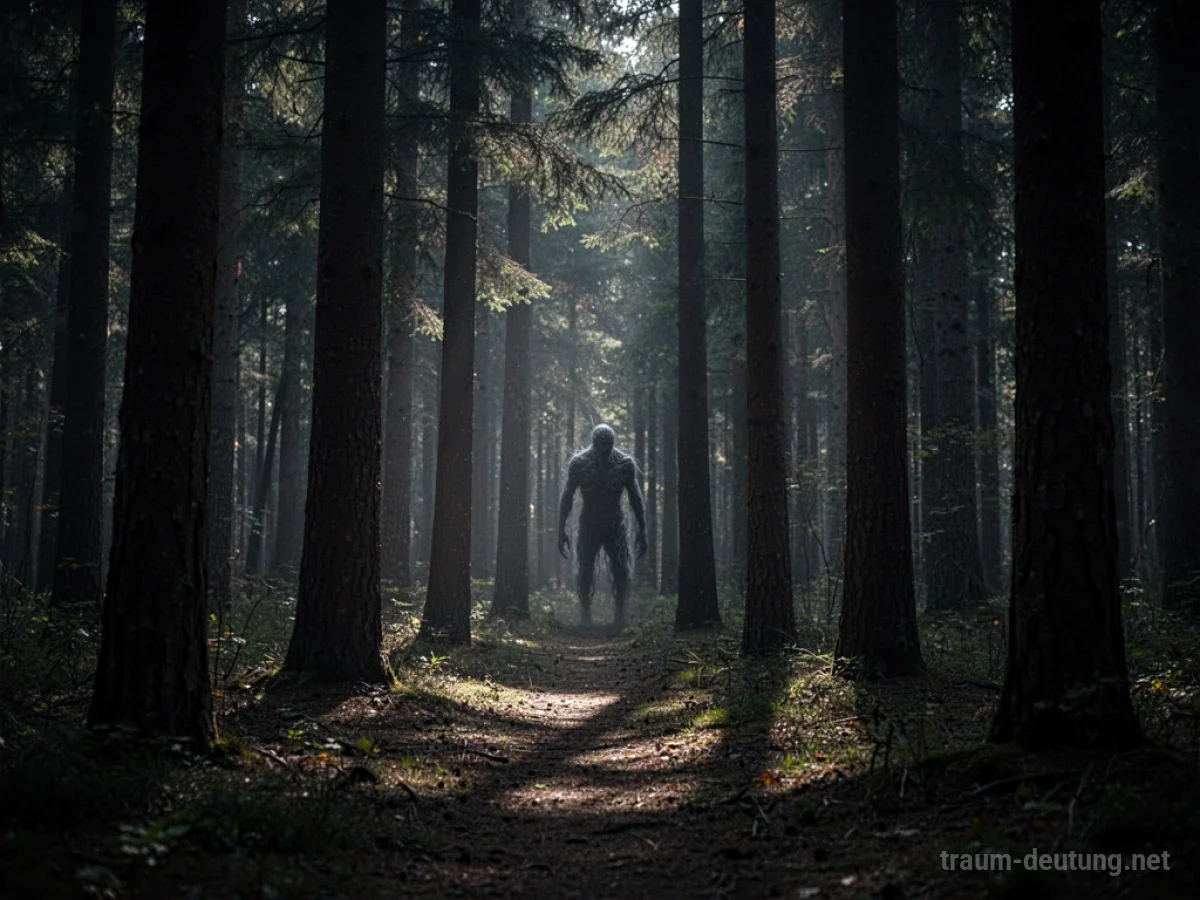 Schattenhafte Gestalt zwischen Bäumen im dunklen Wald