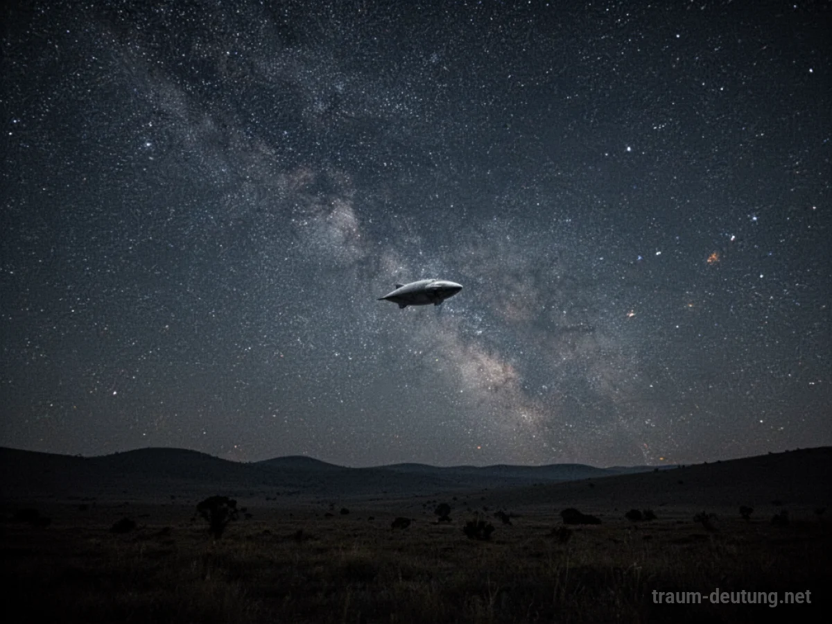 Ein UFO schwebt am Nachthimmel über einer dunklen Landschaft.