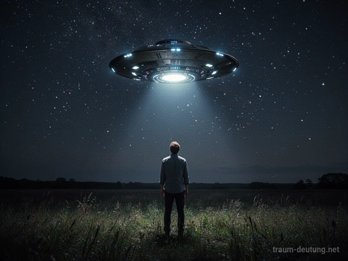Ein einsamer Mensch blickt nachts zu einem schwebenden UFO am Sternenhimmel auf.
