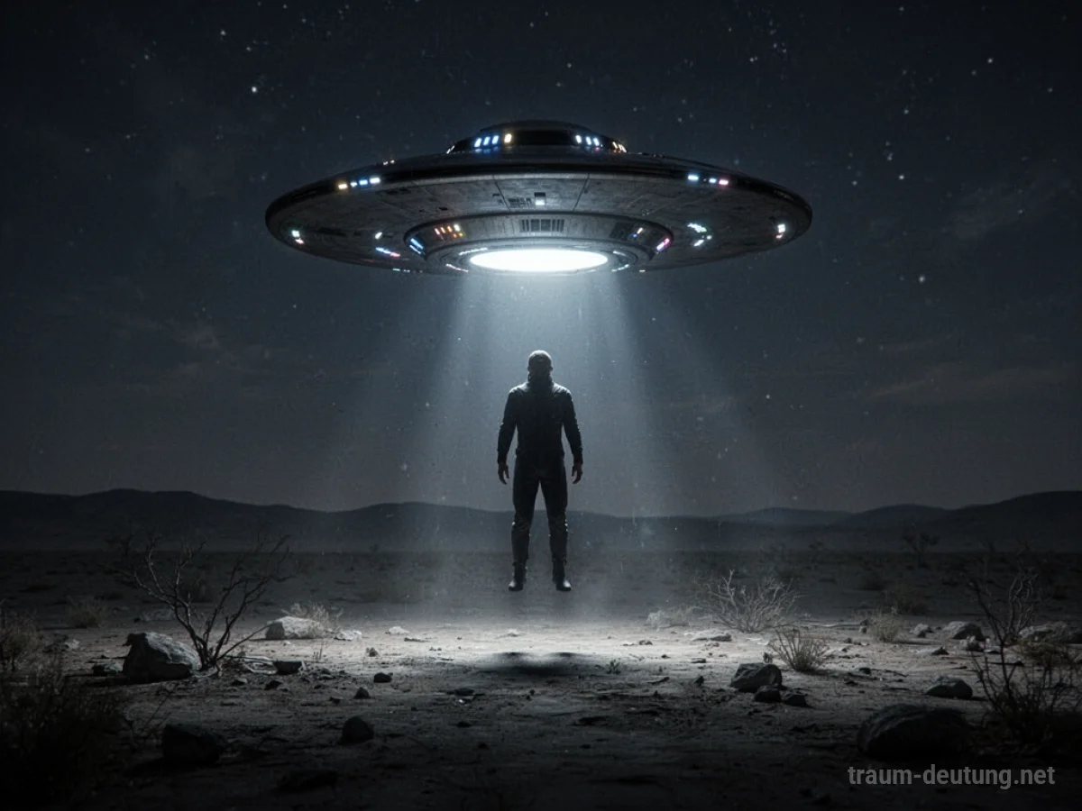 Silhouette einer Person wird von einem UFO über einer dunklen Landschaft entführt.