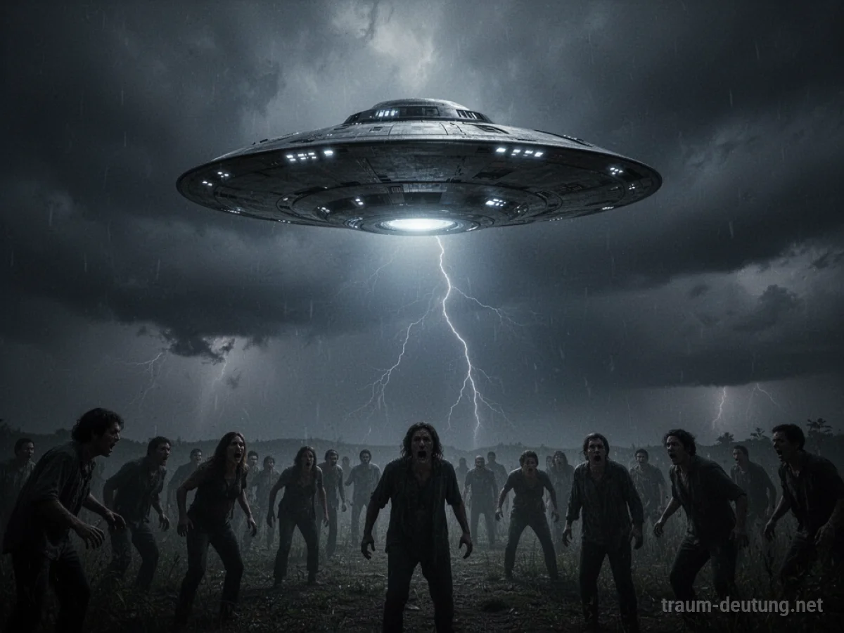 Ein bedrohliches UFO schwebt über einer verängstigten Menschenmenge im Dunkeln.