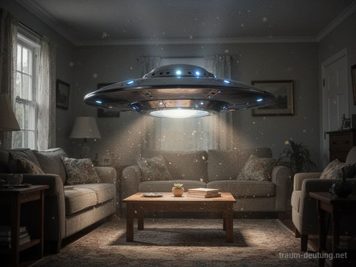 Ein UFO schwebt in einem Wohnzimmer über dem Boden.