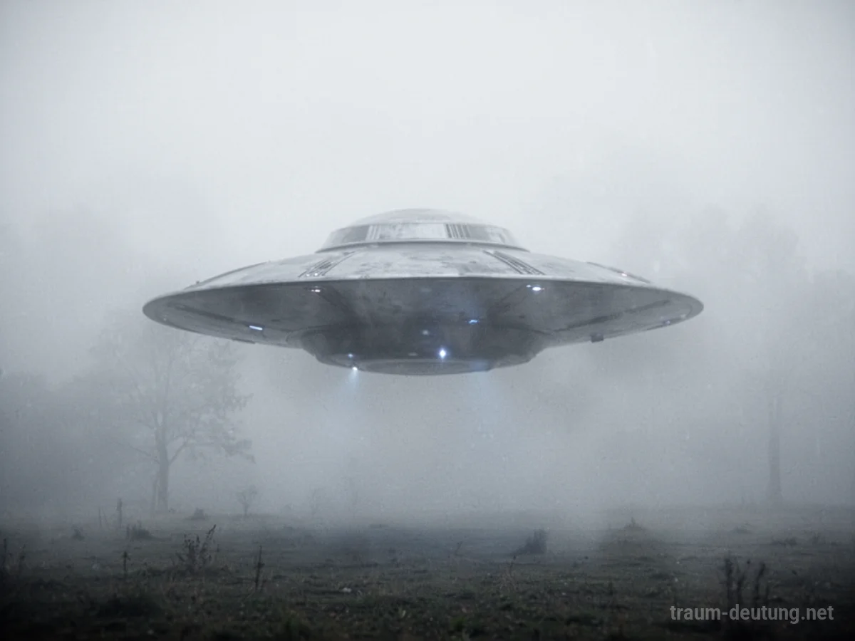 UFO teilweise von dichtem Nebel verdeckt auf einem Feld