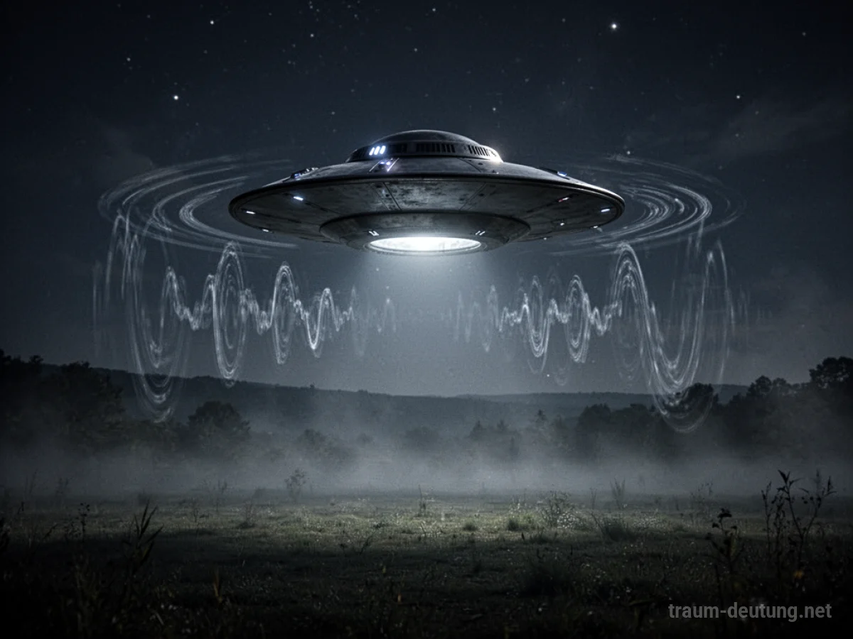Ein UFO schwebt über einer nebligen Landschaft und gibt leise Geräusche ab.