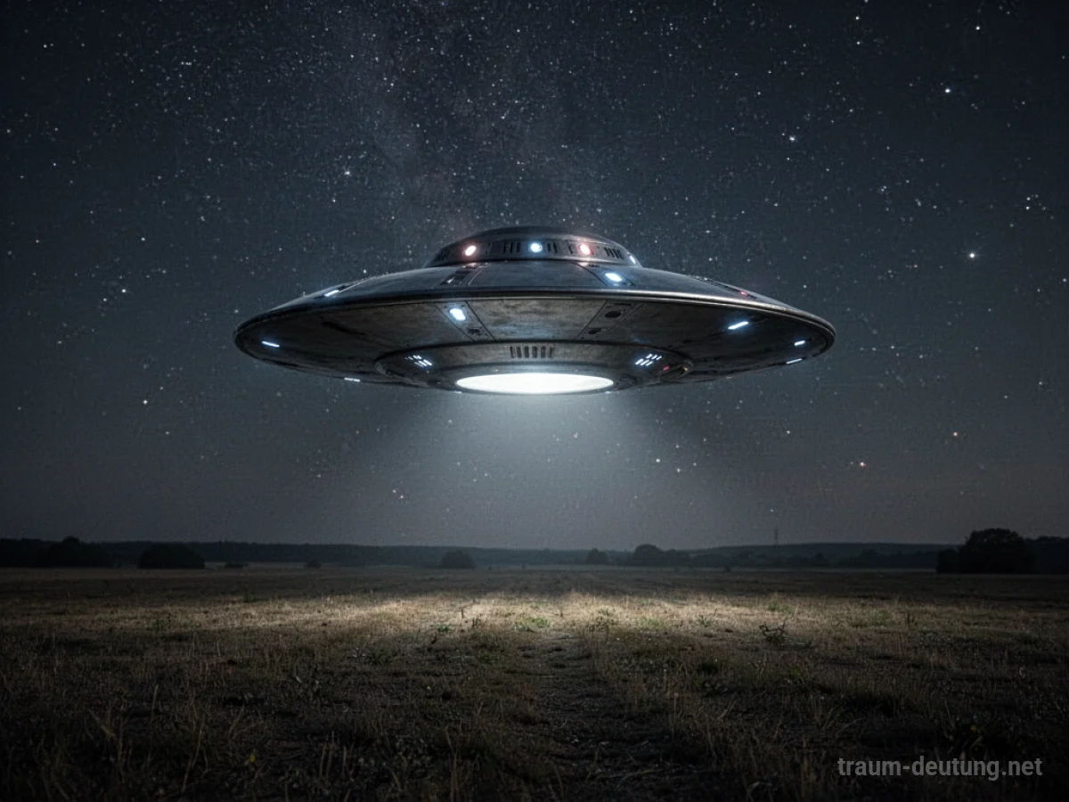 Ein stummes UFO schwebt nachts über einem Feld unter Sternen.