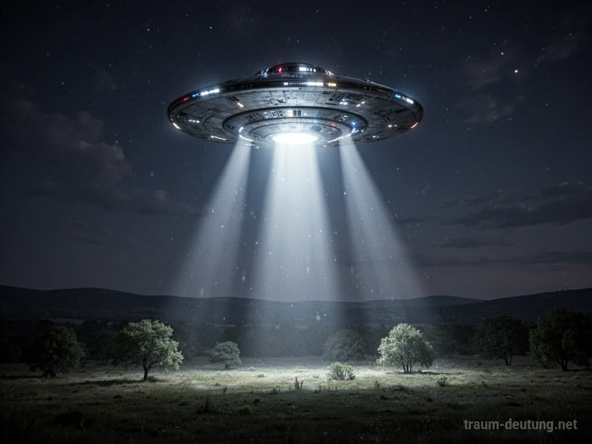 Ein UFO mit hellen Lichtern schwebt über einem dunklen Feld bei Nacht.