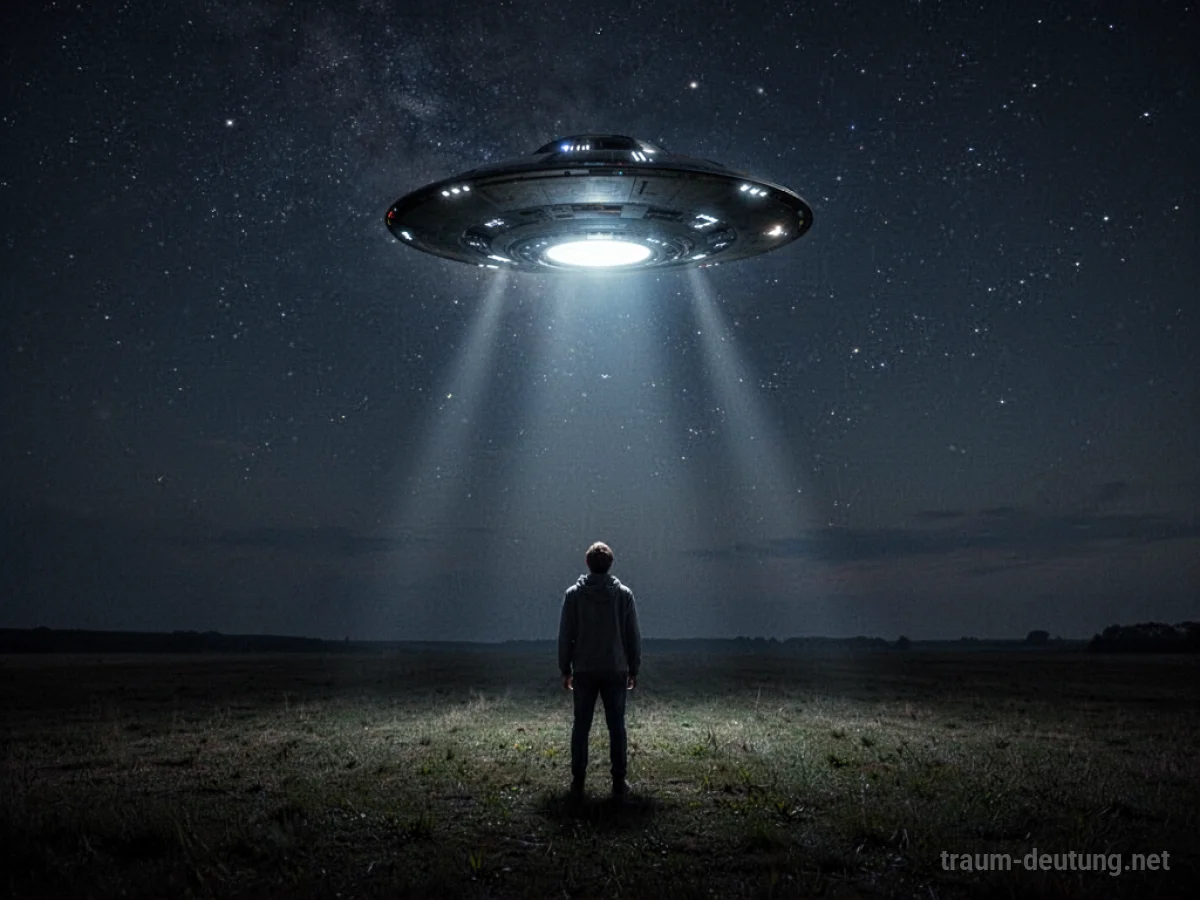 Ein UFO schwebt über einer Person auf einem Feld bei Nacht.