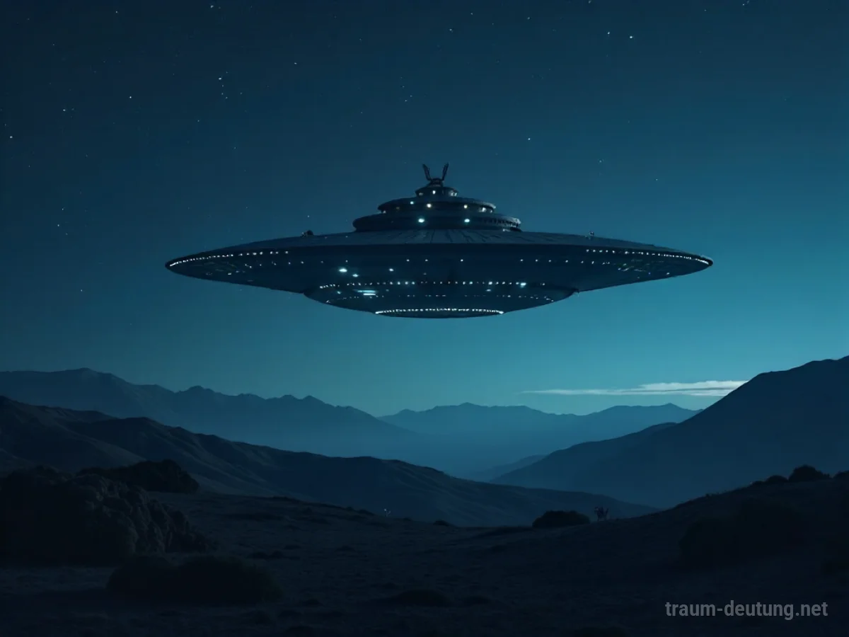 Ein stilisiertes UFO schwebt nachts über einer ruhigen Landschaft.