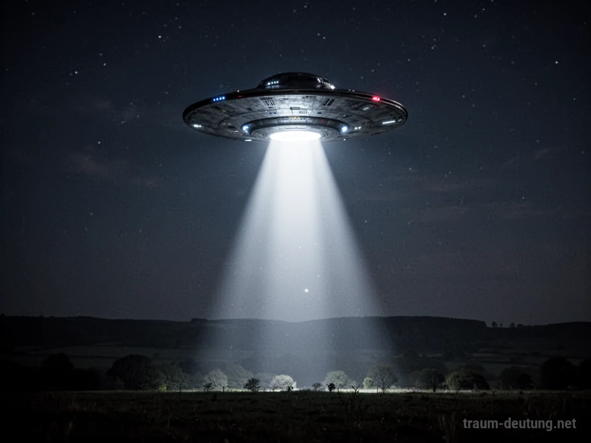 Ein UFO schwebt am Nachthimmel und sendet einen hellen Lichtstrahl auf die Erde.