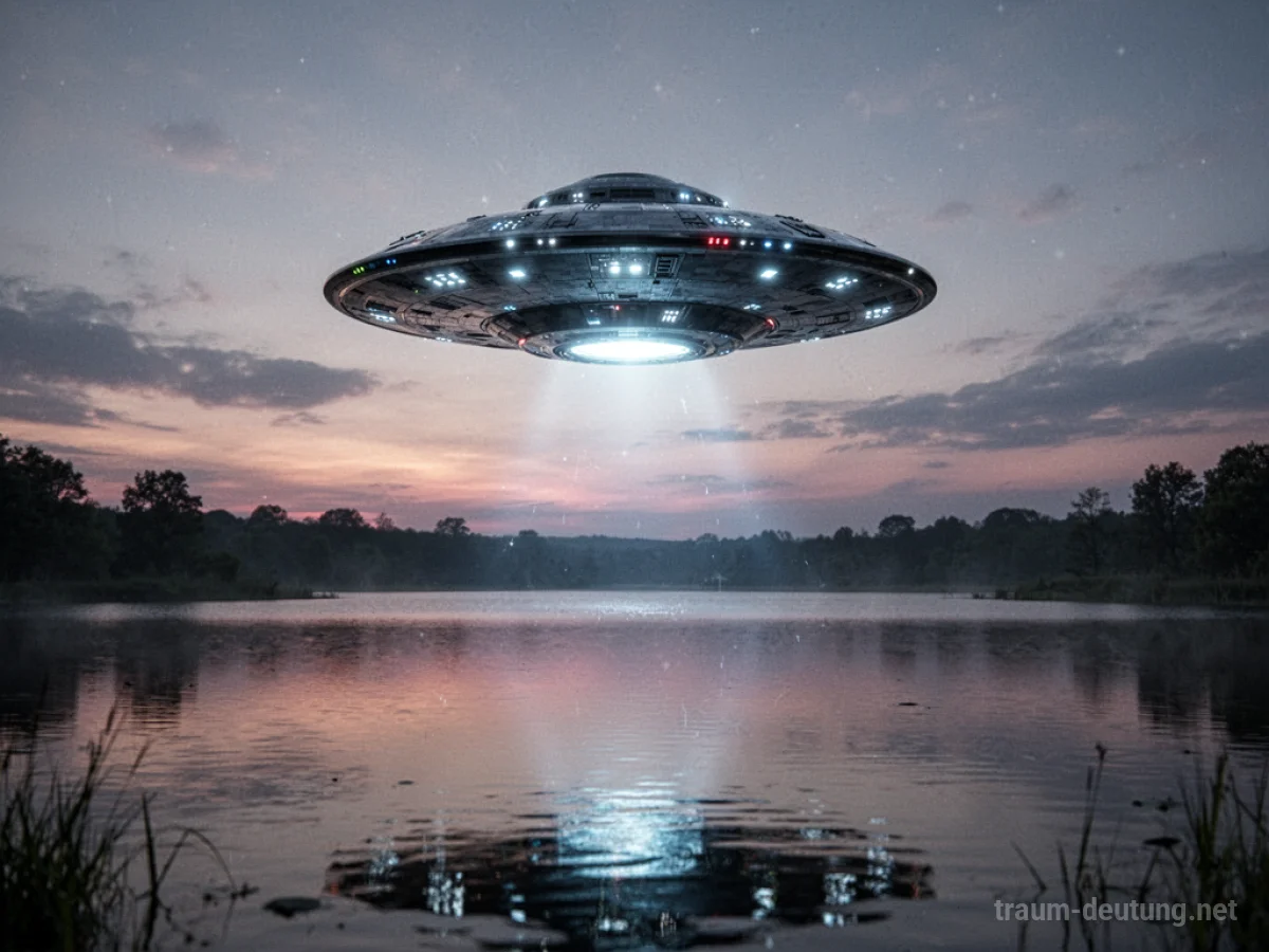 Ein mysteriöses UFO schwebt über ruhigem Wasser unter einem Dämmerungshimmel.