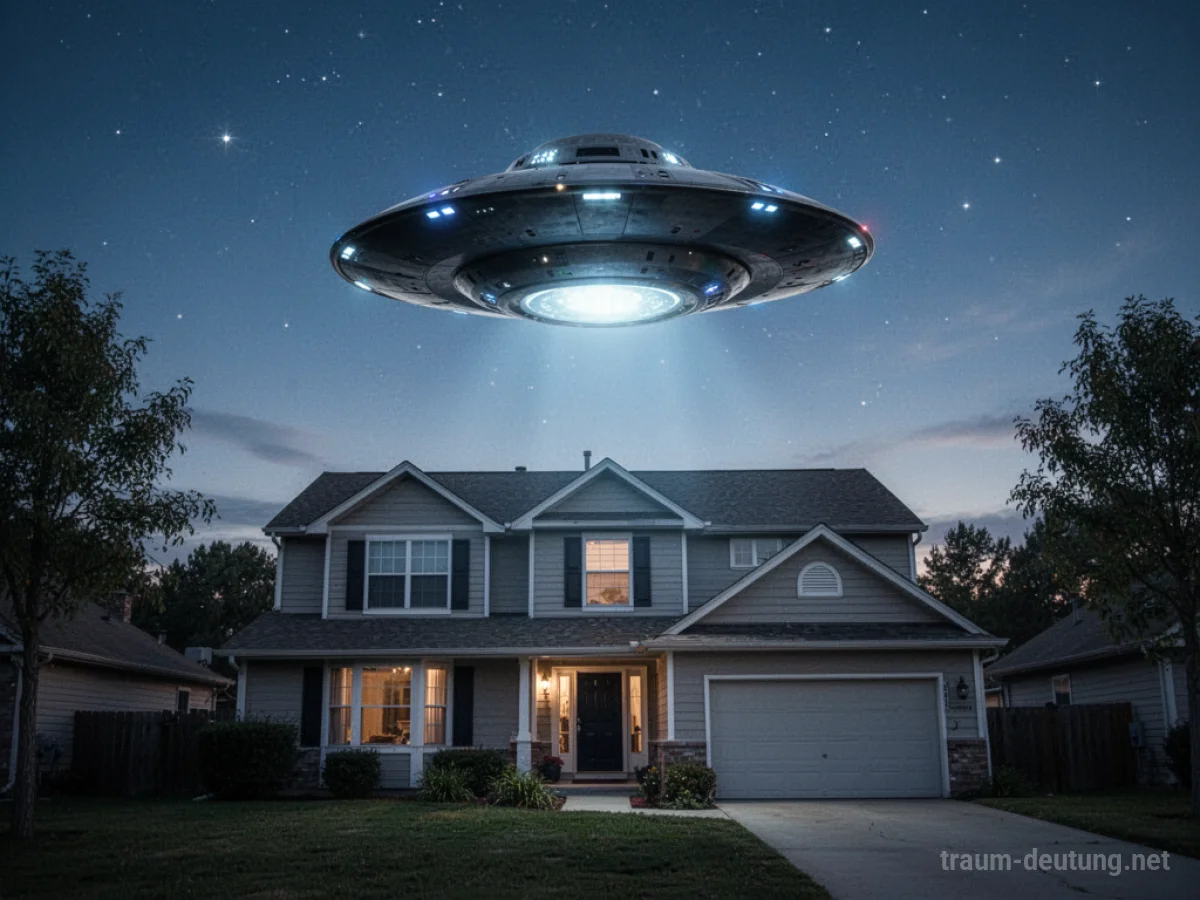 Ein stilisiertes UFO schwebt friedlich über einem Haus im Abendrot.