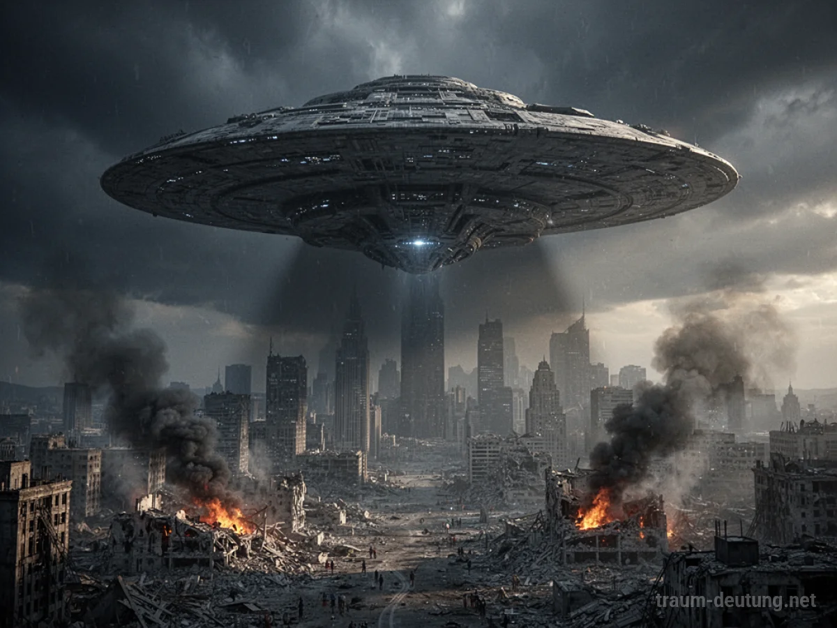 UFO schwebt über einer zerstörten Stadt im Dunkeln