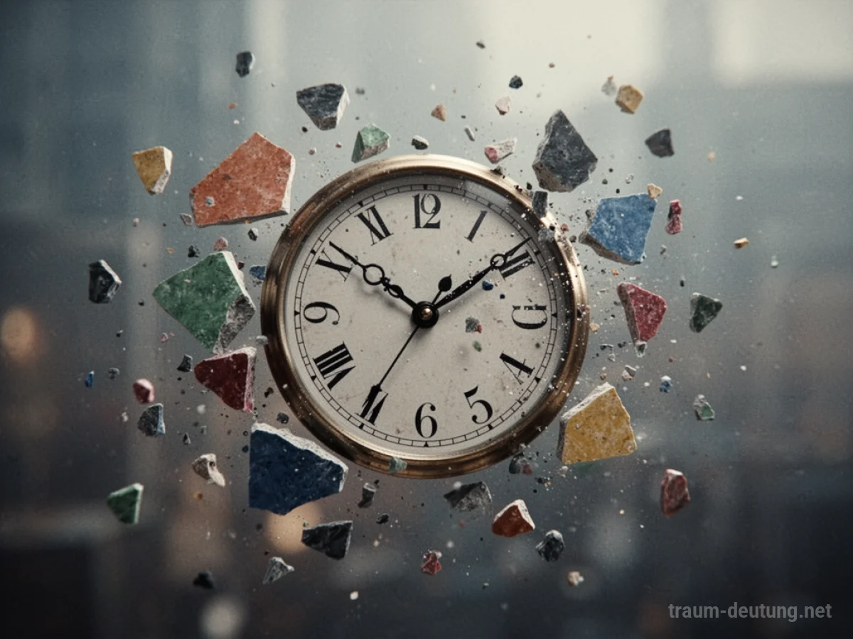 Zerbrechende Uhr mit abstrakten Farbsplittern auf unscharfem Hintergrund