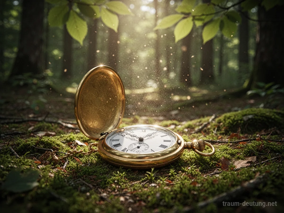 Eine goldene Taschenuhr liegt offen auf moosbedecktem Waldboden.