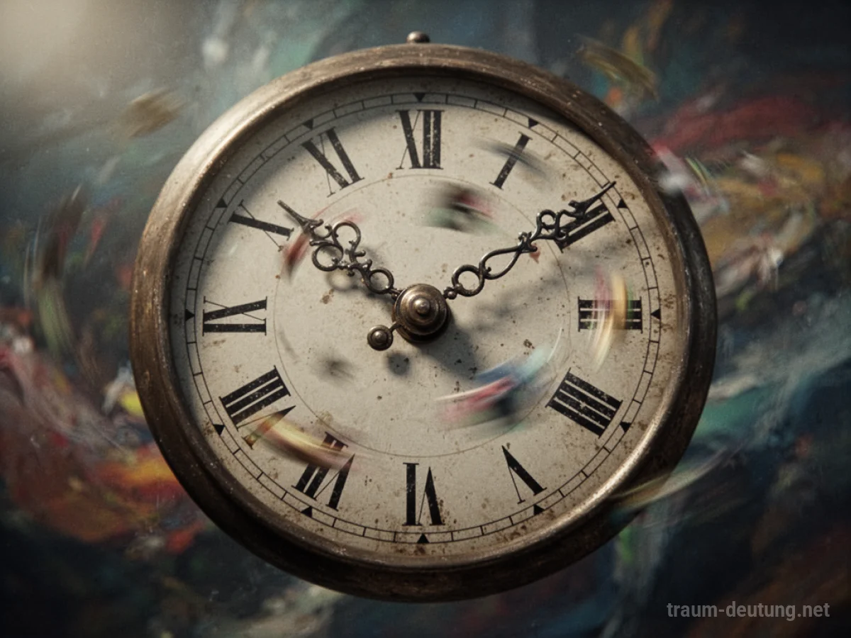 Eine alte Uhr mit sich schnell drehenden Zeigern, unscharf im Hintergrund.