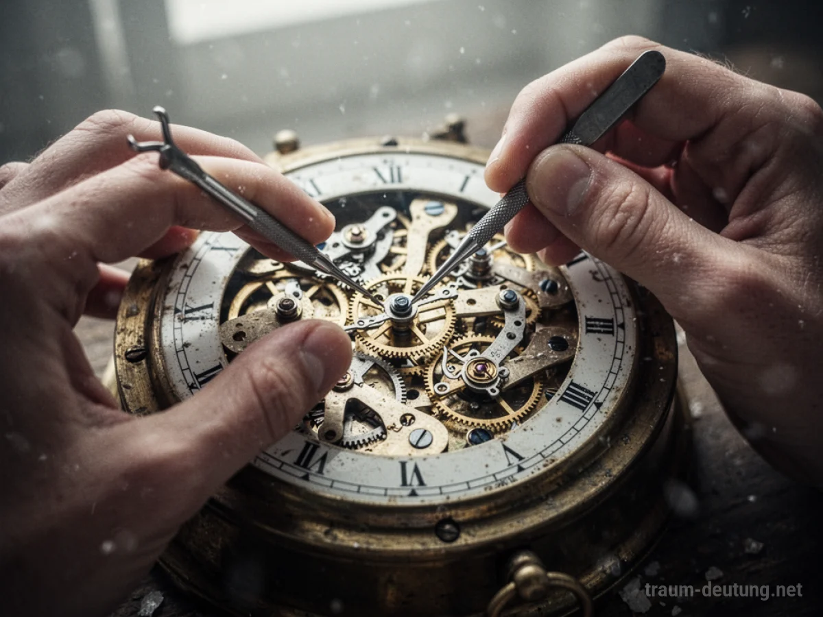 Hände reparieren das Innenleben einer alten Uhr.