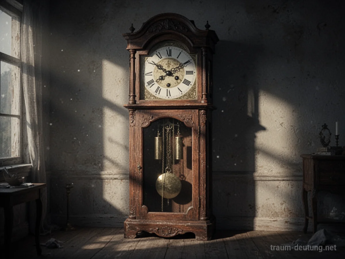 Uhr mit schwingendem Pendel, die Mitternacht anzeigt, in einem dunklen Raum