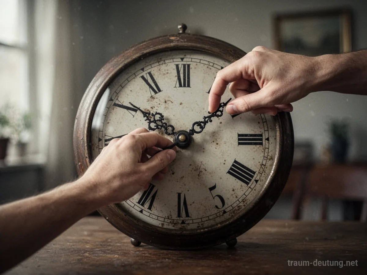 Hand stellt Zeiger einer alten Uhr ein