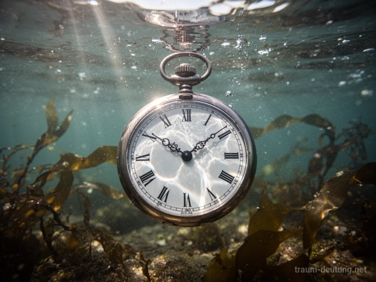 Uhr liegt auf dem Grund eines Gewässers unter Wasser, Sonnenstrahlen brechen durch die Oberfläche.