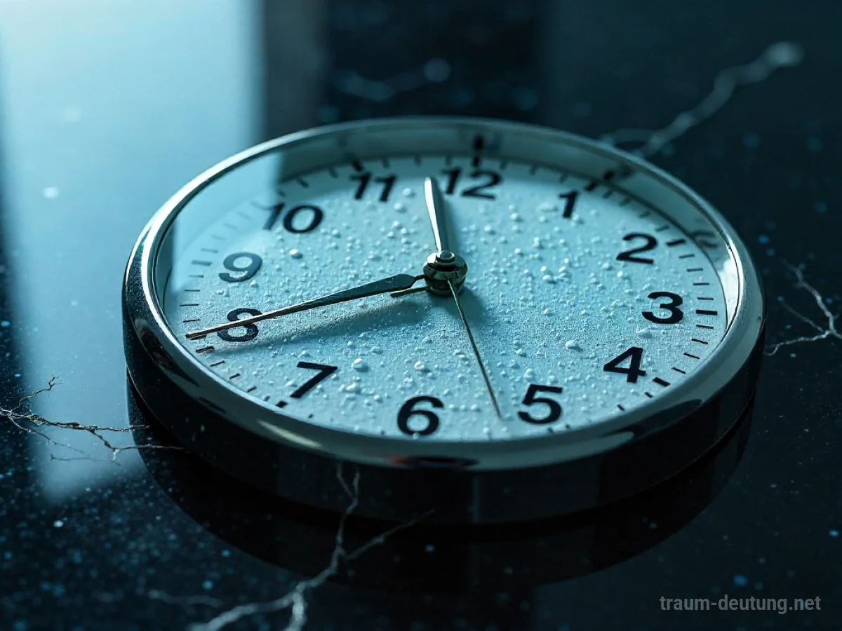 Zerbrochene Uhr mit angehaltenen Zeigern auf dunklem Untergrund