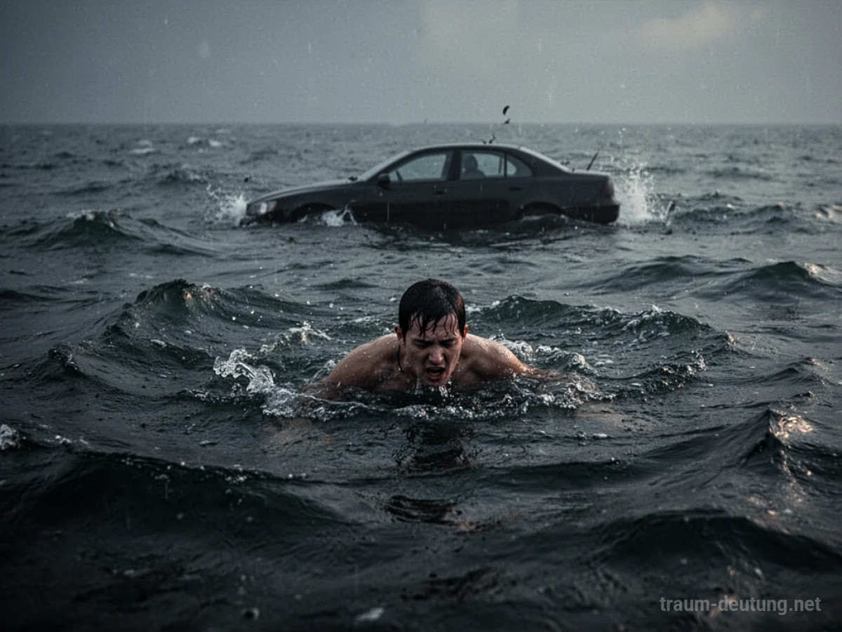 Eine Person kämpft im Wasser, ein versinkendes Auto im Hintergrund