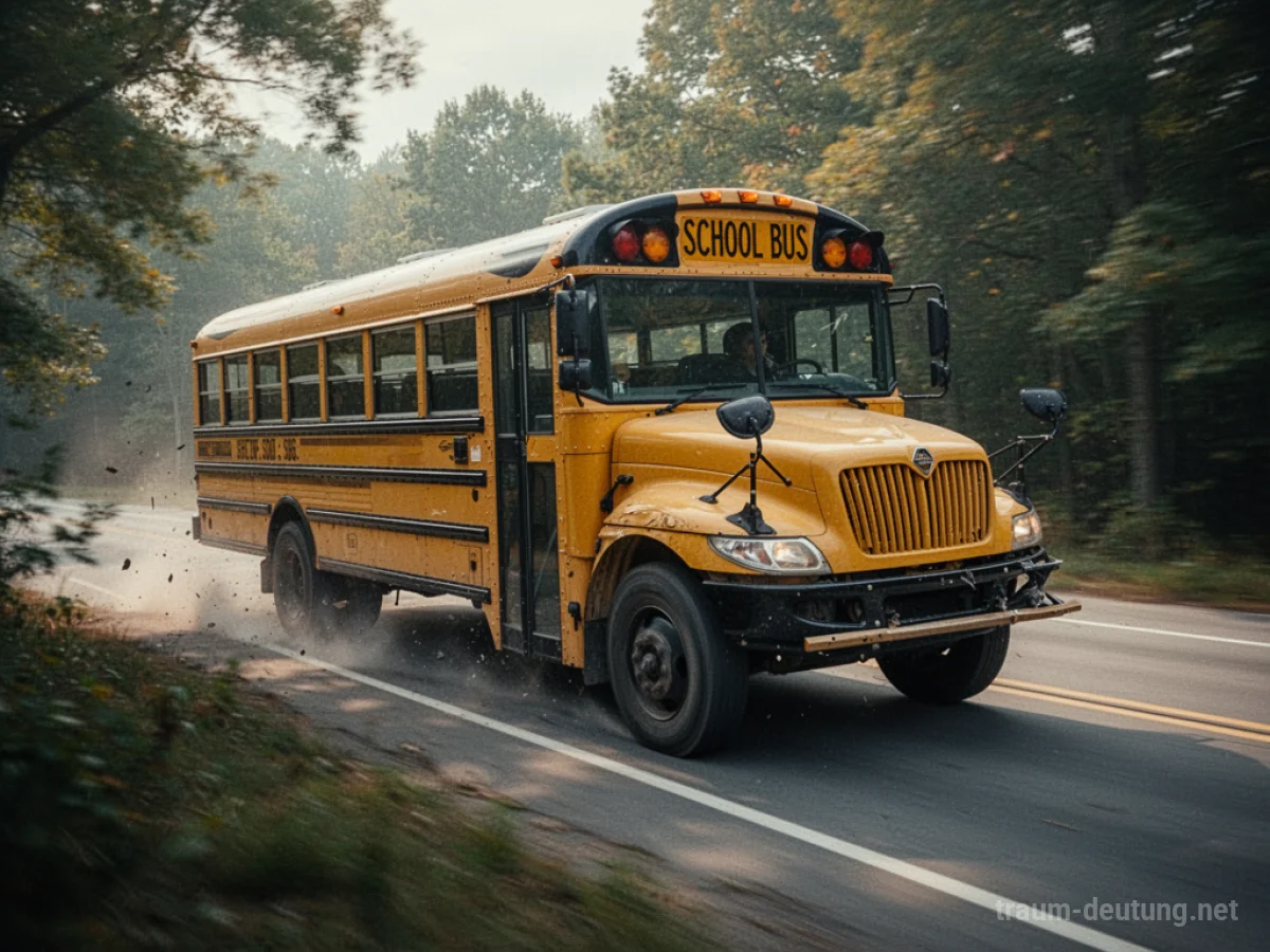 Ein gelber Schulbus gerät auf einer Landstraße ins Schlingern, umgeben von Bäumen.